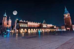 Krakow The Main Square. World Famous Cracow Main Square Old Town at Night. Polish Architecture. Lesser Poland.